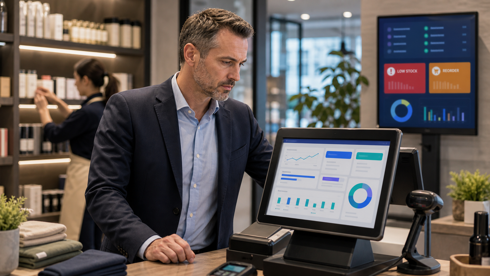 Retail manager reviewing margin controls at checkout