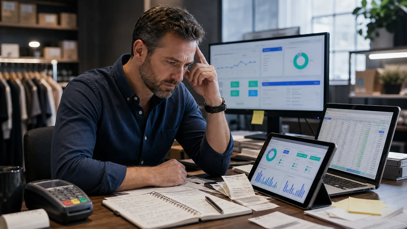 Business owner working across disconnected retail and accounting systems