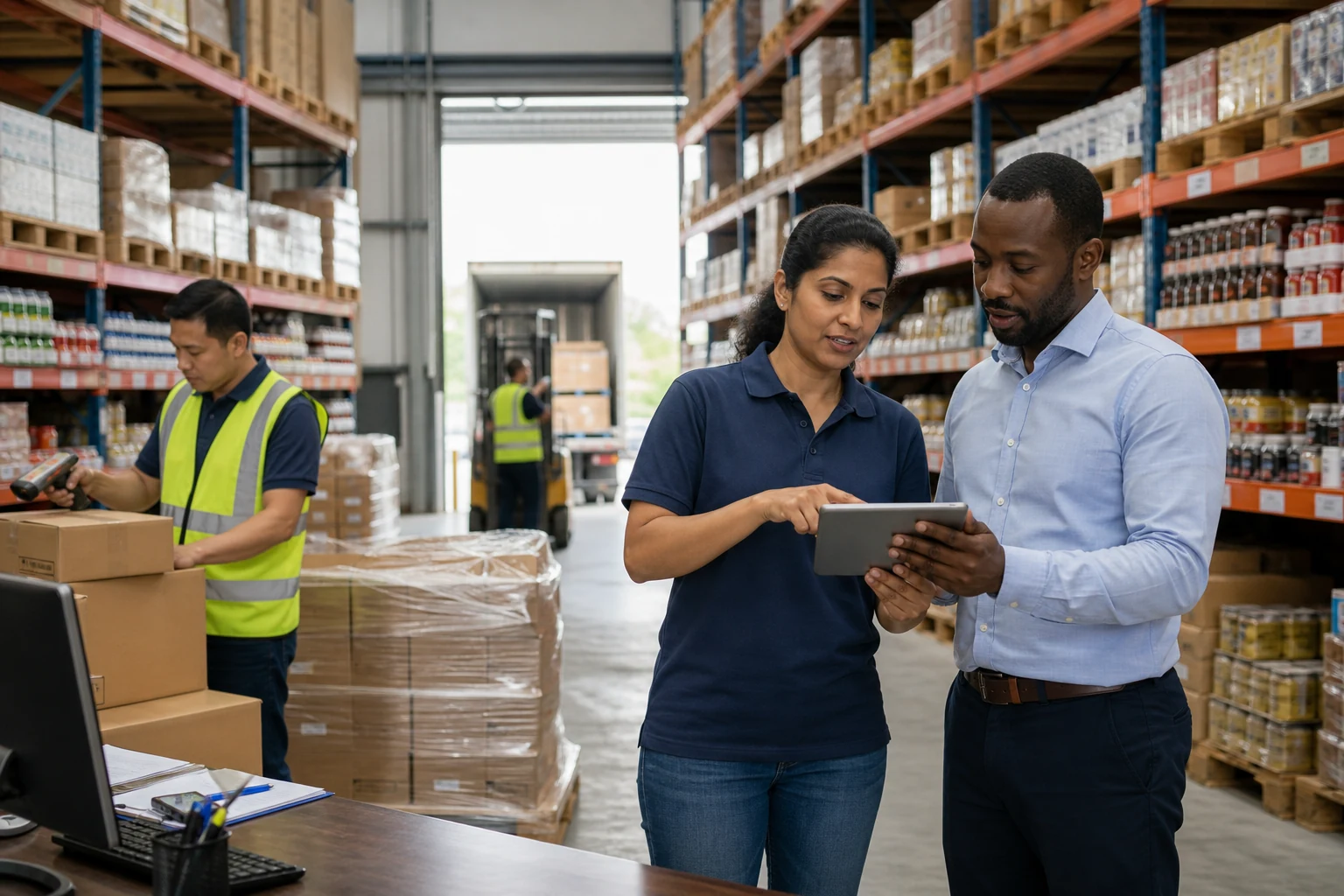 Distribution team reviewing warehouse stock on a tablet