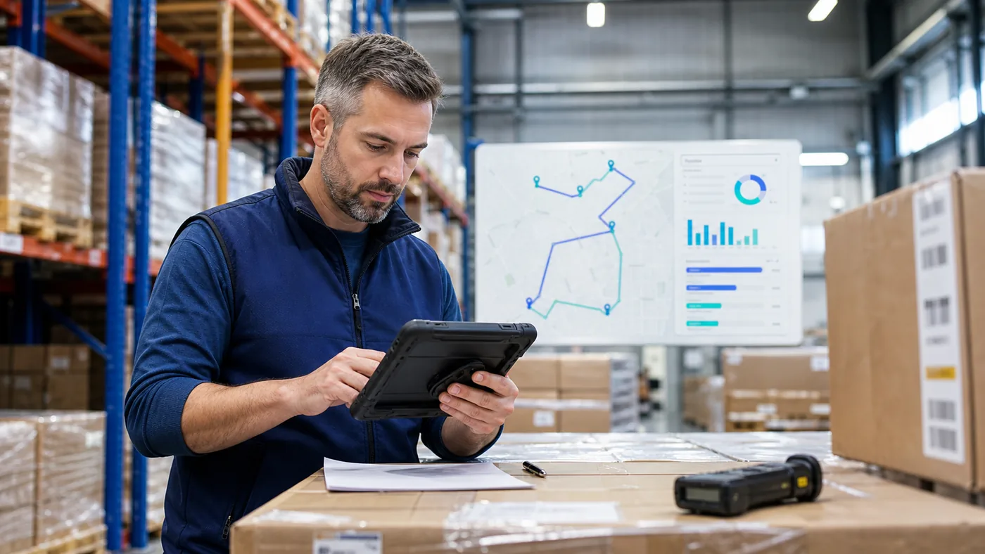 Warehouse operator managing distribution stock and delivery routes
