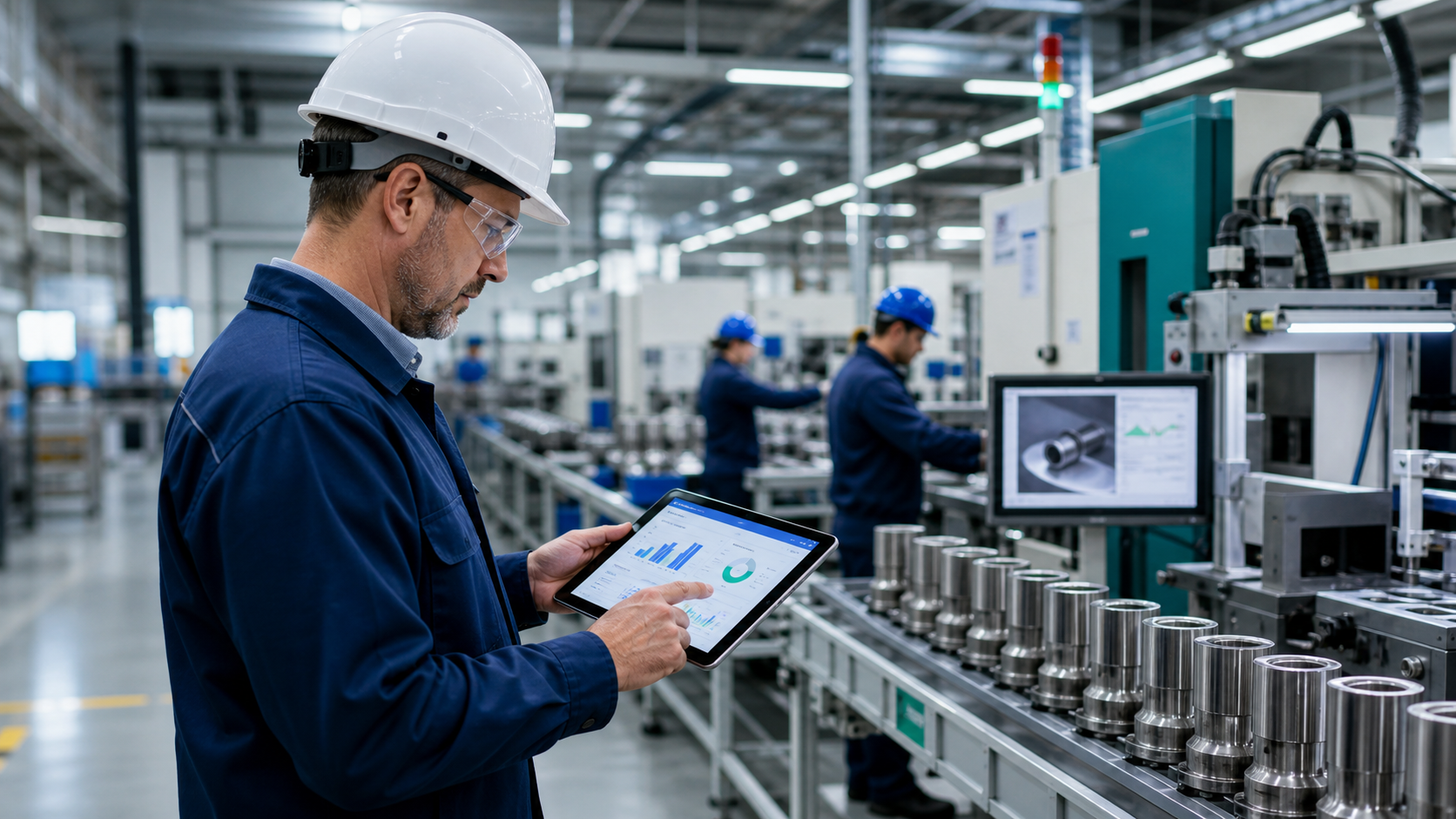 Manufacturing supervisor checking production analytics on a tablet