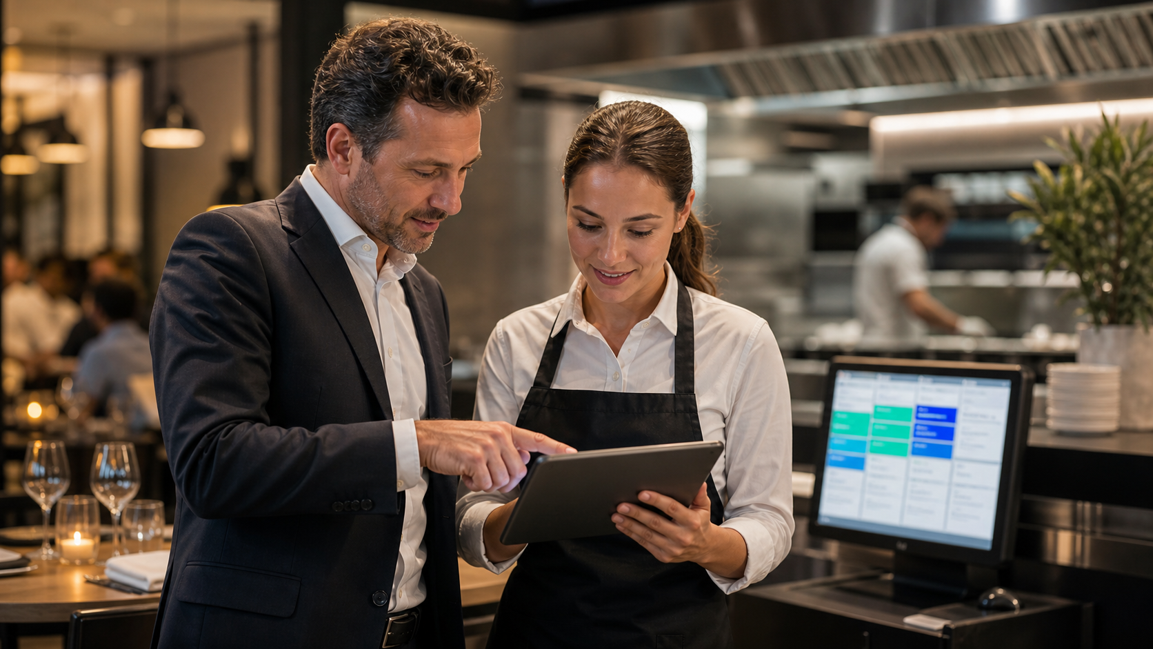 Restaurant manager coordinating table and kitchen operations on a tablet